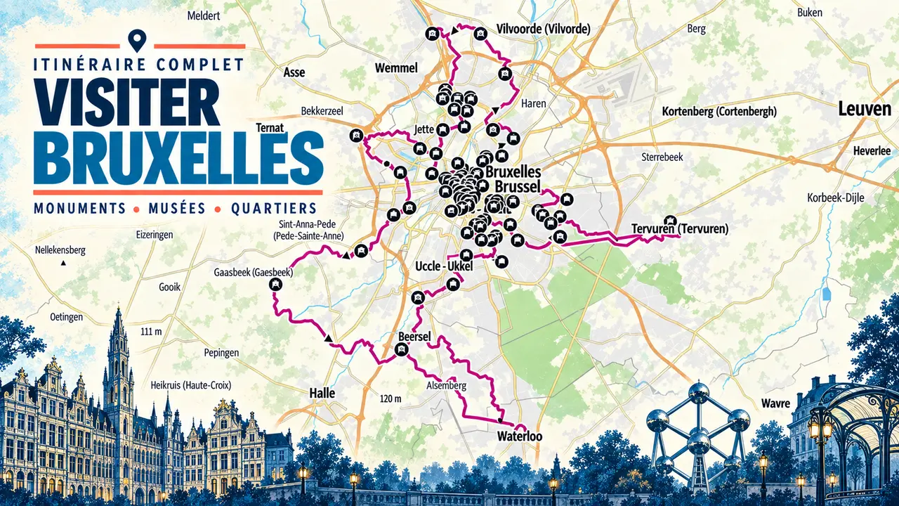 Carte détaillée du parcours de Bruxelles reliant les monuments et incontournables de la capitale belge