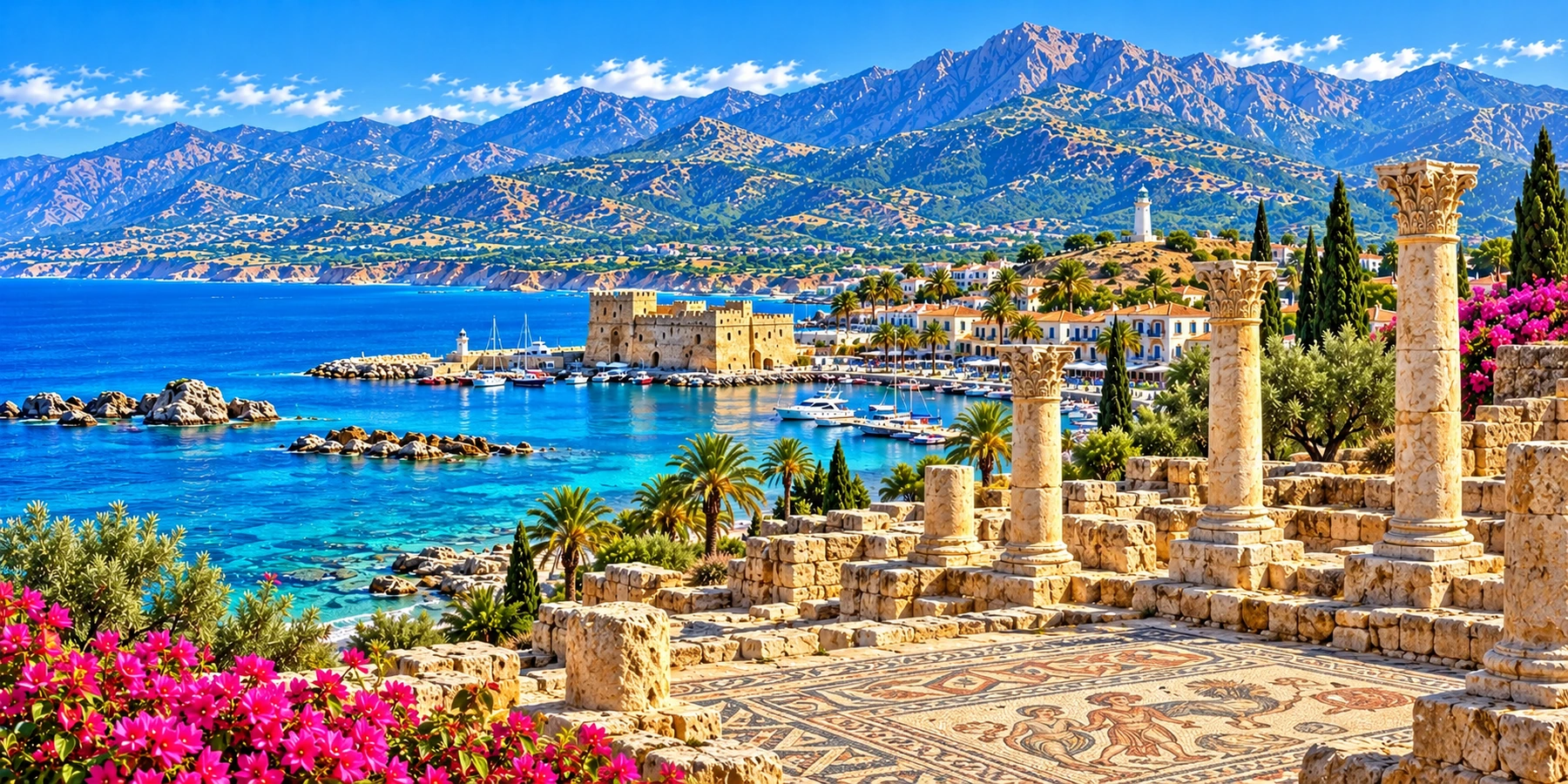 Panorama de Paphos réunissant vestiges antiques, port méditerranéen et voyageurs préparant leur visite