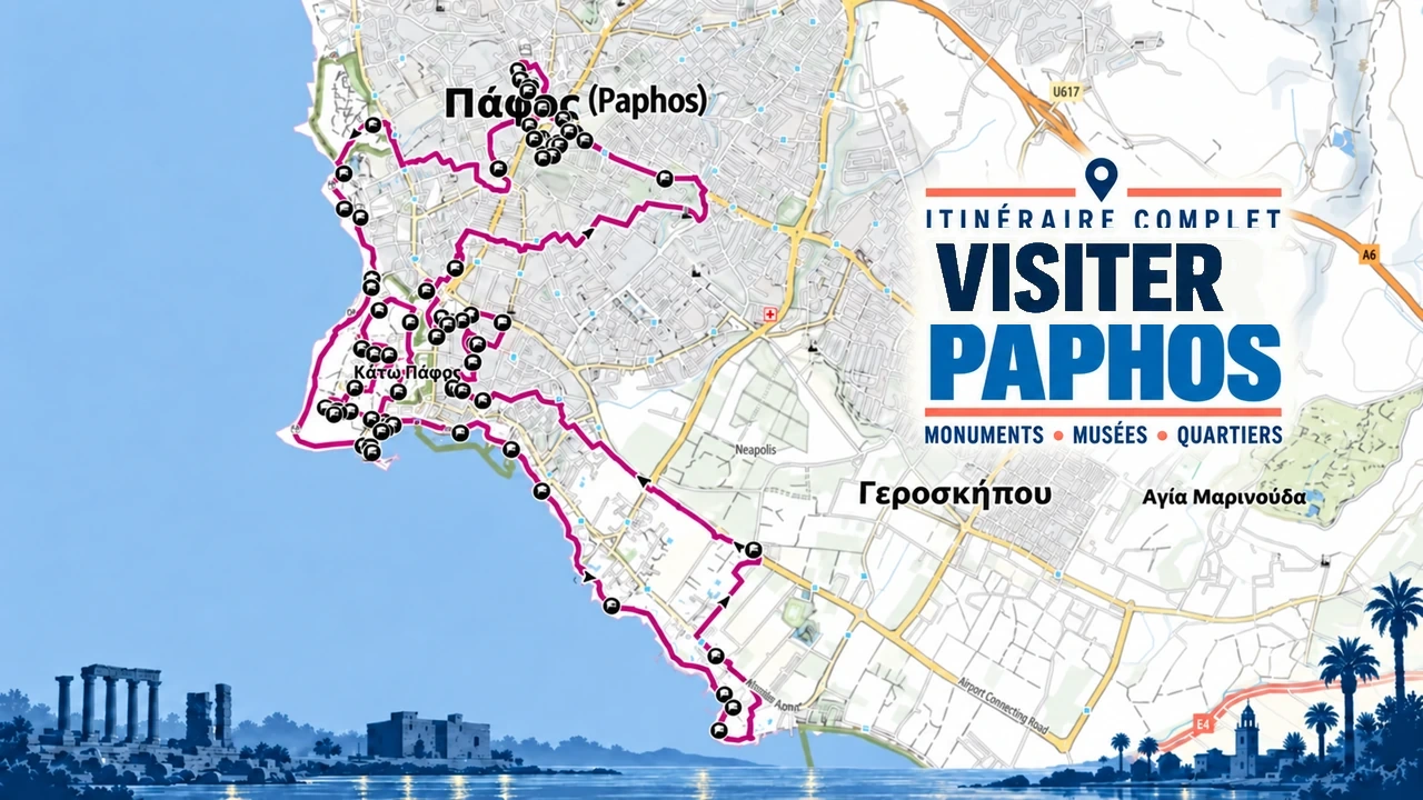 Carte détaillée de l’itinéraire de Paphos reliant les vestiges, les paysages et les principaux lieux à découvrir dans la ville chypriote