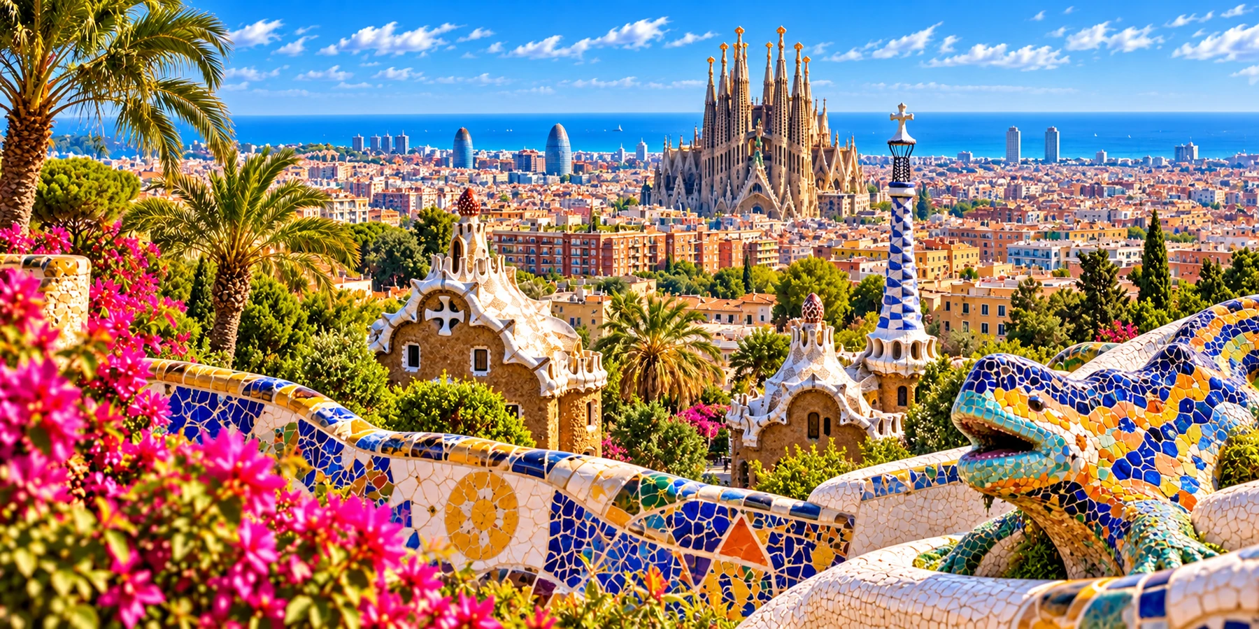 Panorama illustré de Barcelone : Parc Güell, Sagrada Família et horizon méditerranéen