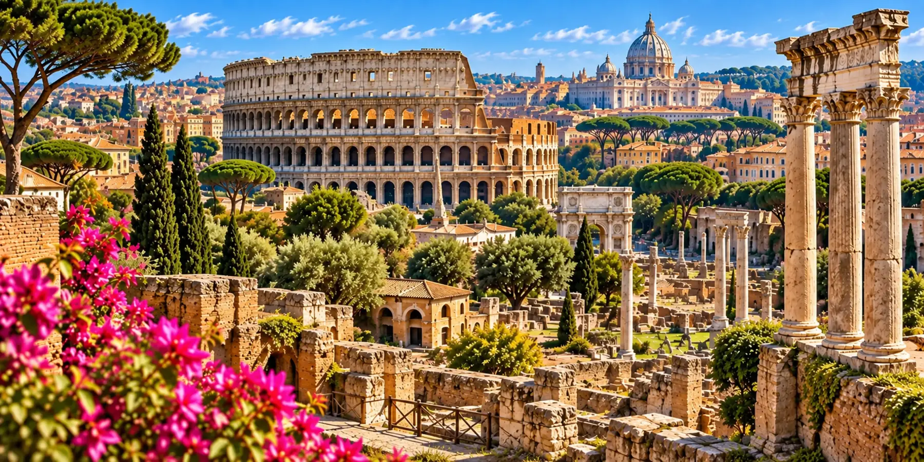 Panorama de Rome réunissant monuments antiques et places historiques